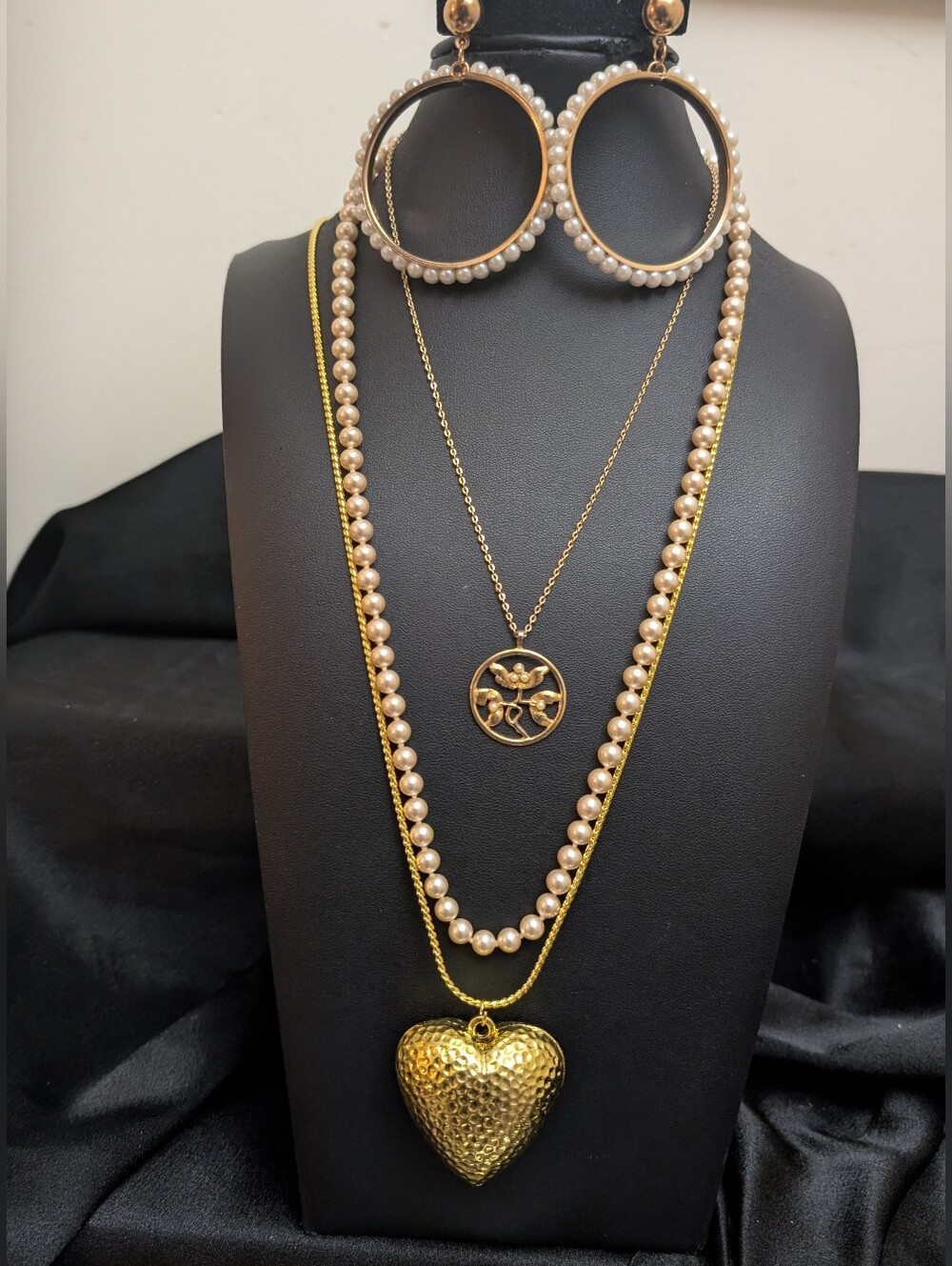 "#4. Trending" Puffy Heart Gold Necklace With Pearls & Vintage Avon & Earrings